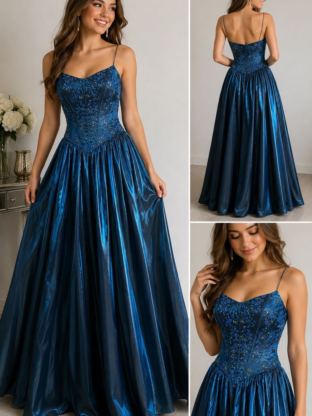 Vintage Alyce Designs Beaded Teal Iridescent Corset Prom Gown 8 (Modern 4-6)